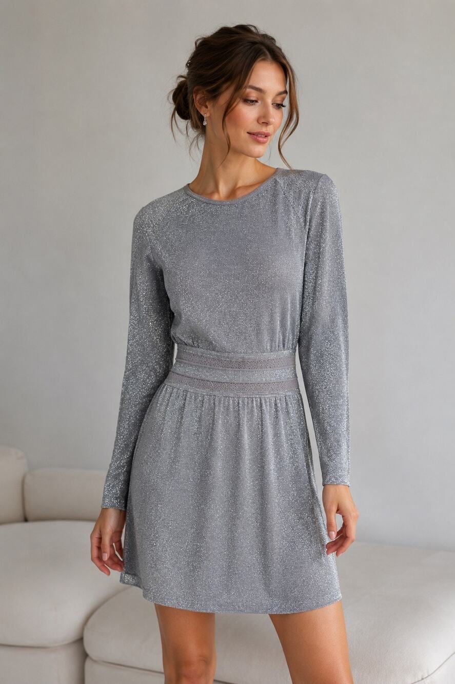 Tory Burch Isabella Blouson Dress Silver Metallic Shimmer Long Sleeve Size Small
